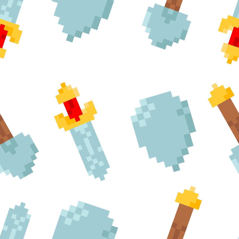 Seamless pattern with 8-bit game icons sword, shield, and shovel on a white background. vector