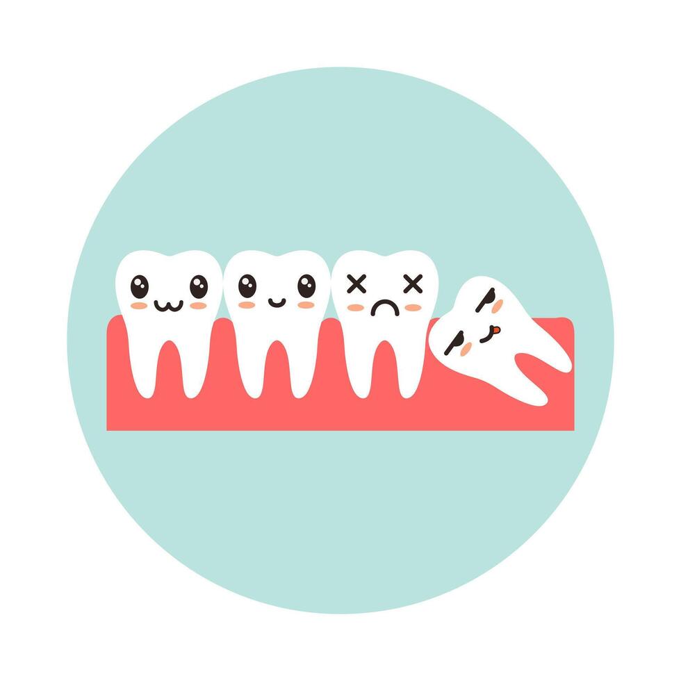 Dental arch with a wisdom tooth with kawaii emotion. Concept of dental problems. Flat icon. vector