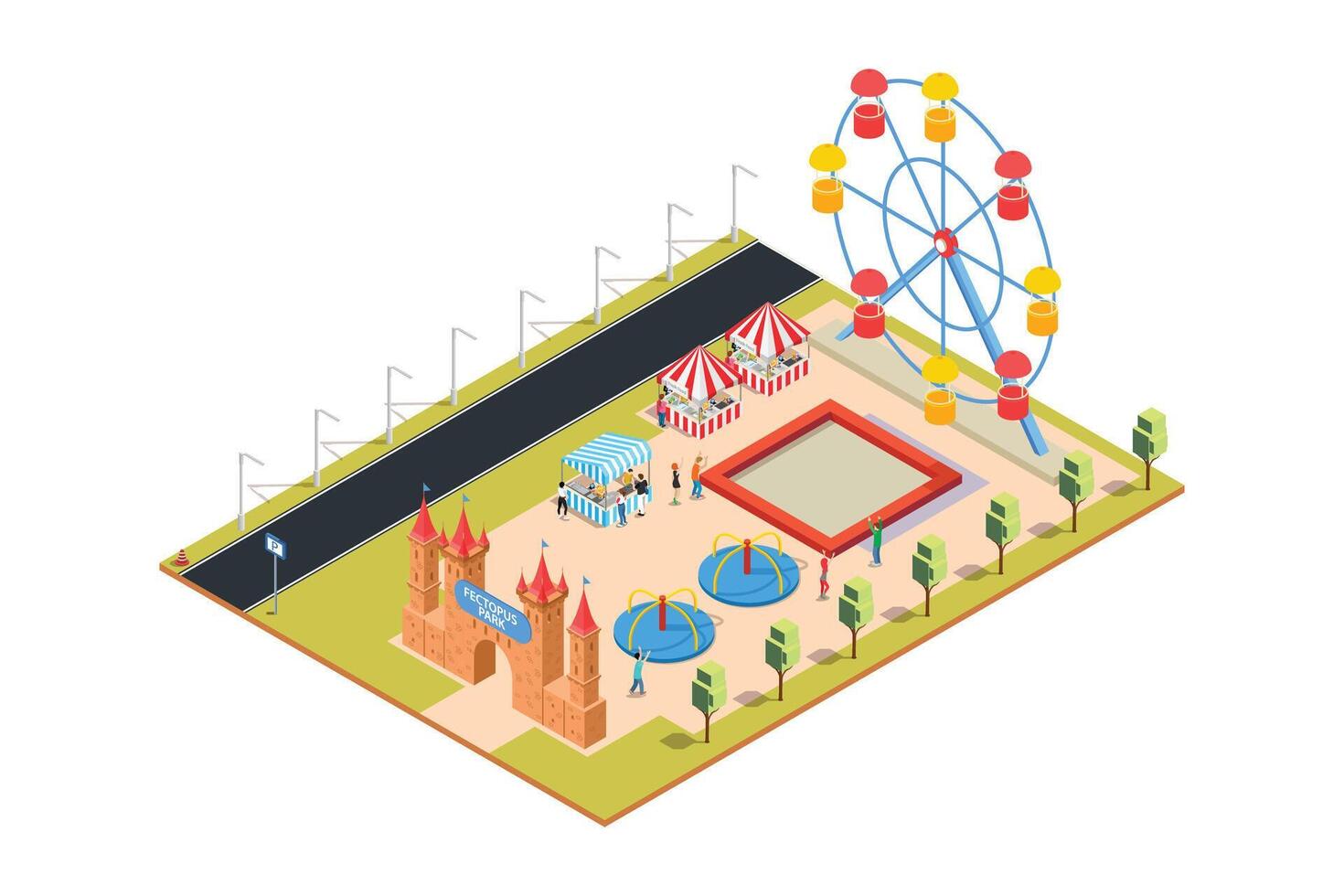 Amusement park isometric concept. Happy people in amusement park white background vector
