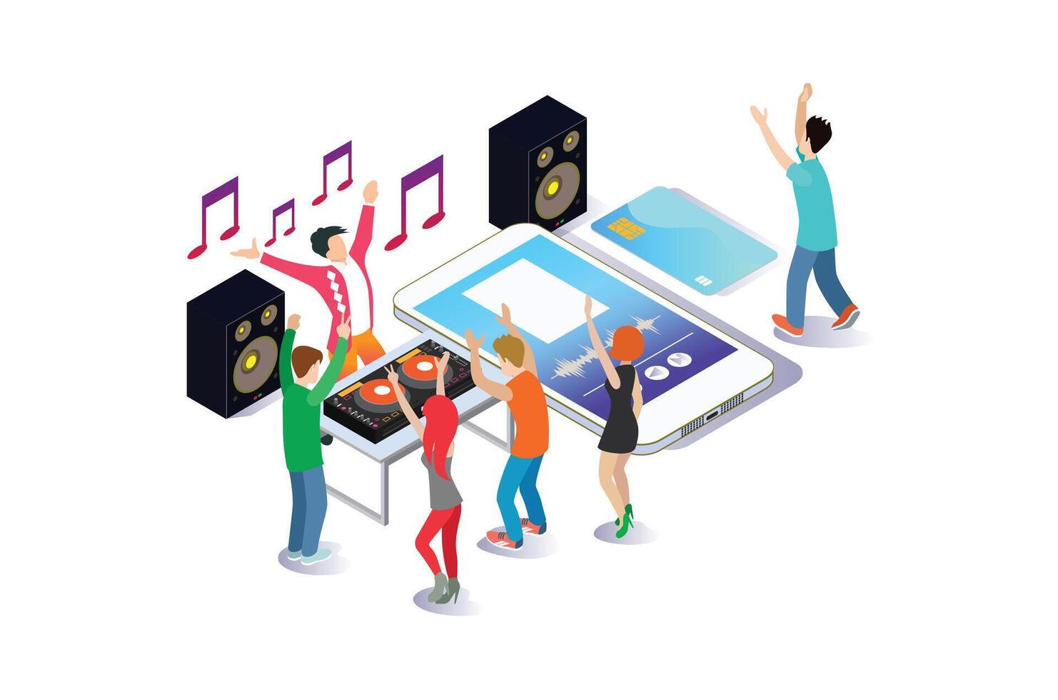 Isometric Cloud Online Music Player Entertainment Illustration in White Isolated Background With People and Digital Related Asset vector