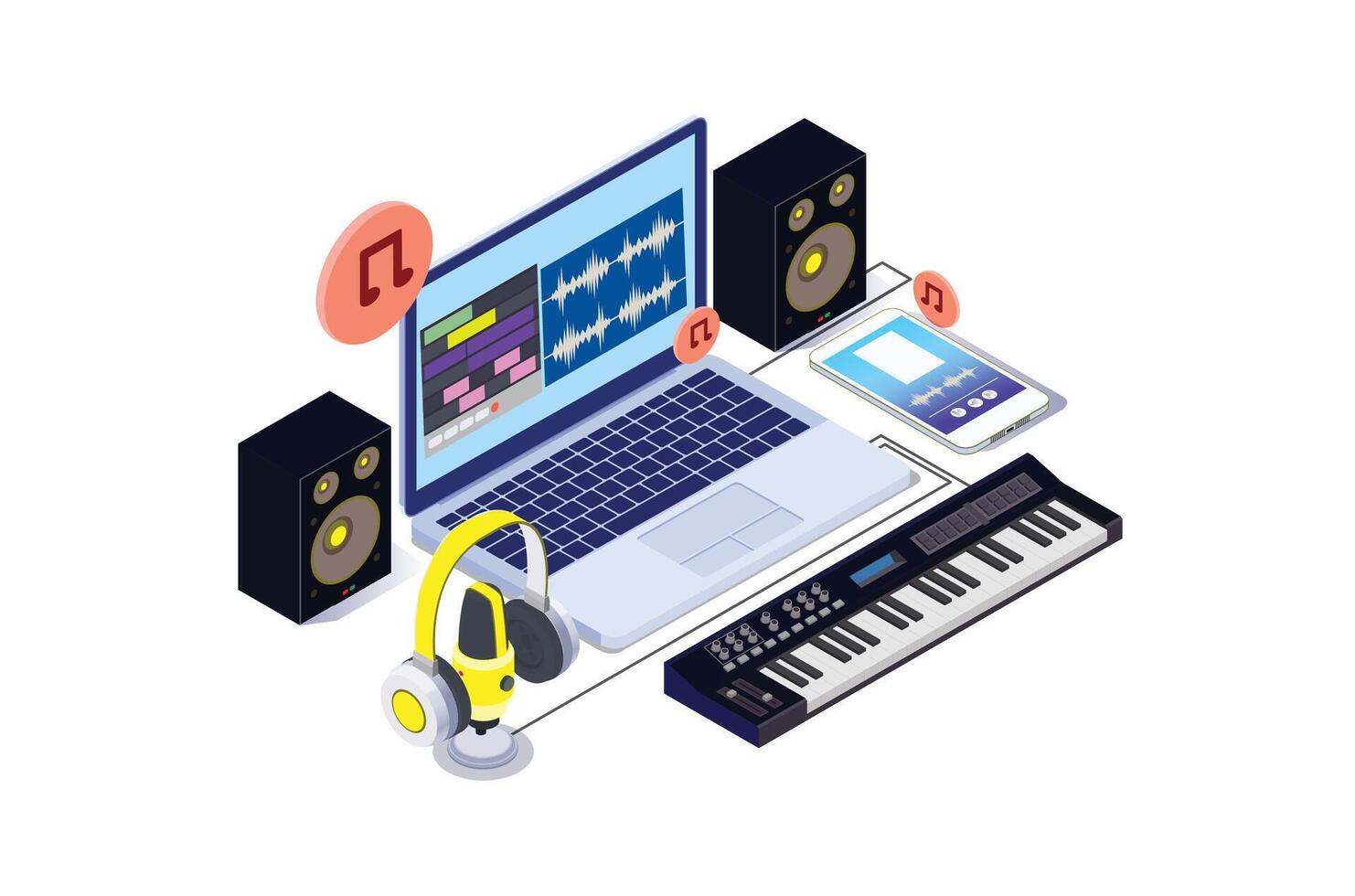 isometric Microphone and Headphone on smarphone. play dj Music. suitable for digital asset vector