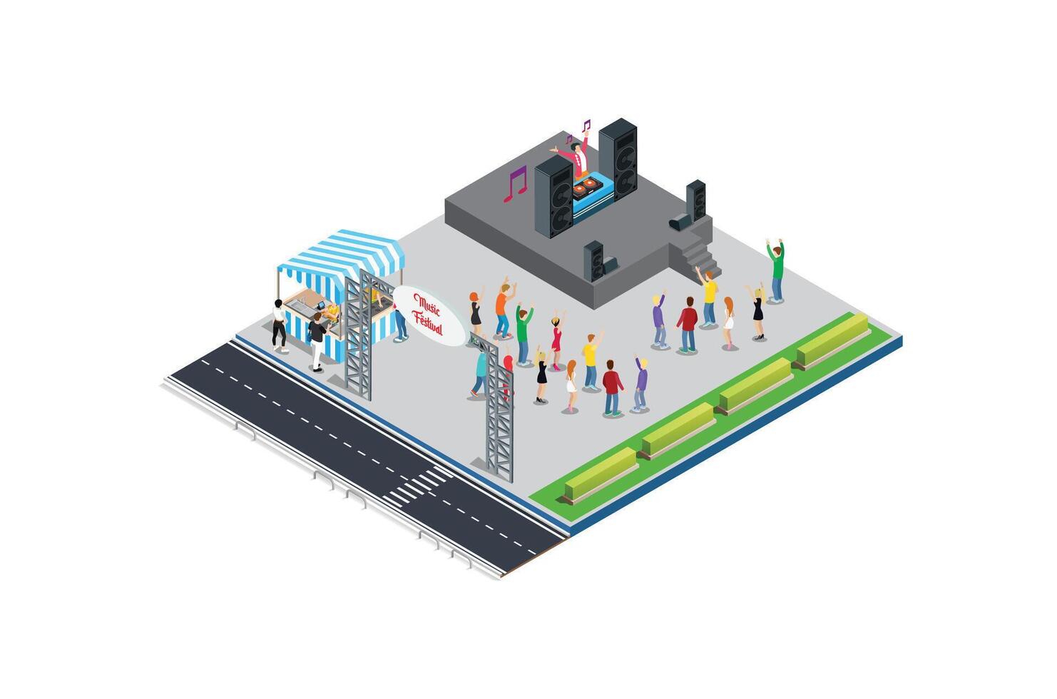 Disk jockey Festival Illustration Concept 3d Isometric View of Party Elements,people dance. Concert Background and Stage Landscape vector