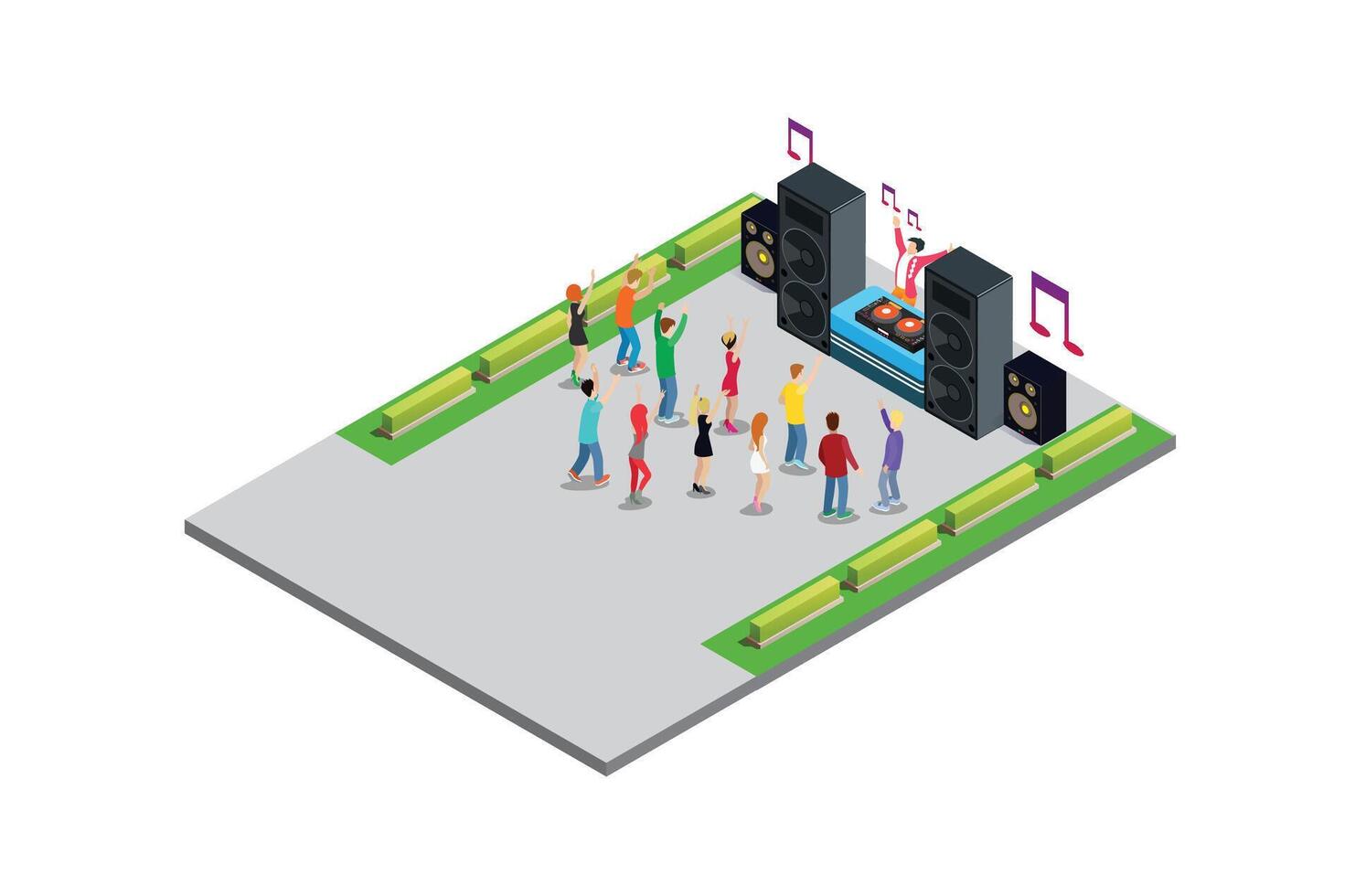 Music Disk jockey Festival Illustration Concept 3d Isometric View of Party Elements,people dance. Concert Background and Stage Landscape. Musical Event illustration vector