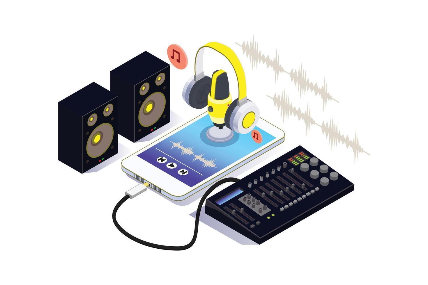 Isometric Microphone and Headphone on smartphone. Podcast Concept. vector