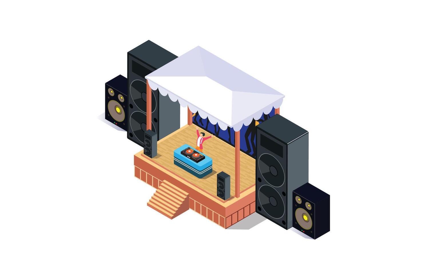 Music Disk jockey Festival Illustration Concept 3d Isometric View of Party Elements,people dance. Concert Background and Stage Landscape. Musical Event vector