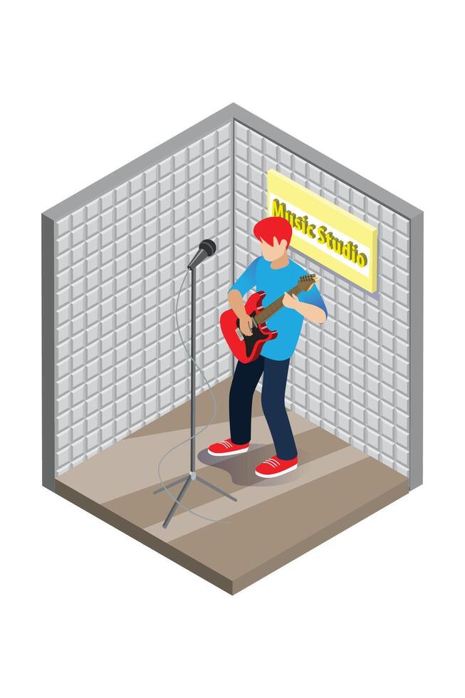 Isometric Studio Music Recording . Soundproof wall in sound studio Man singing into a condenser microphone suitable for graphic asset vector