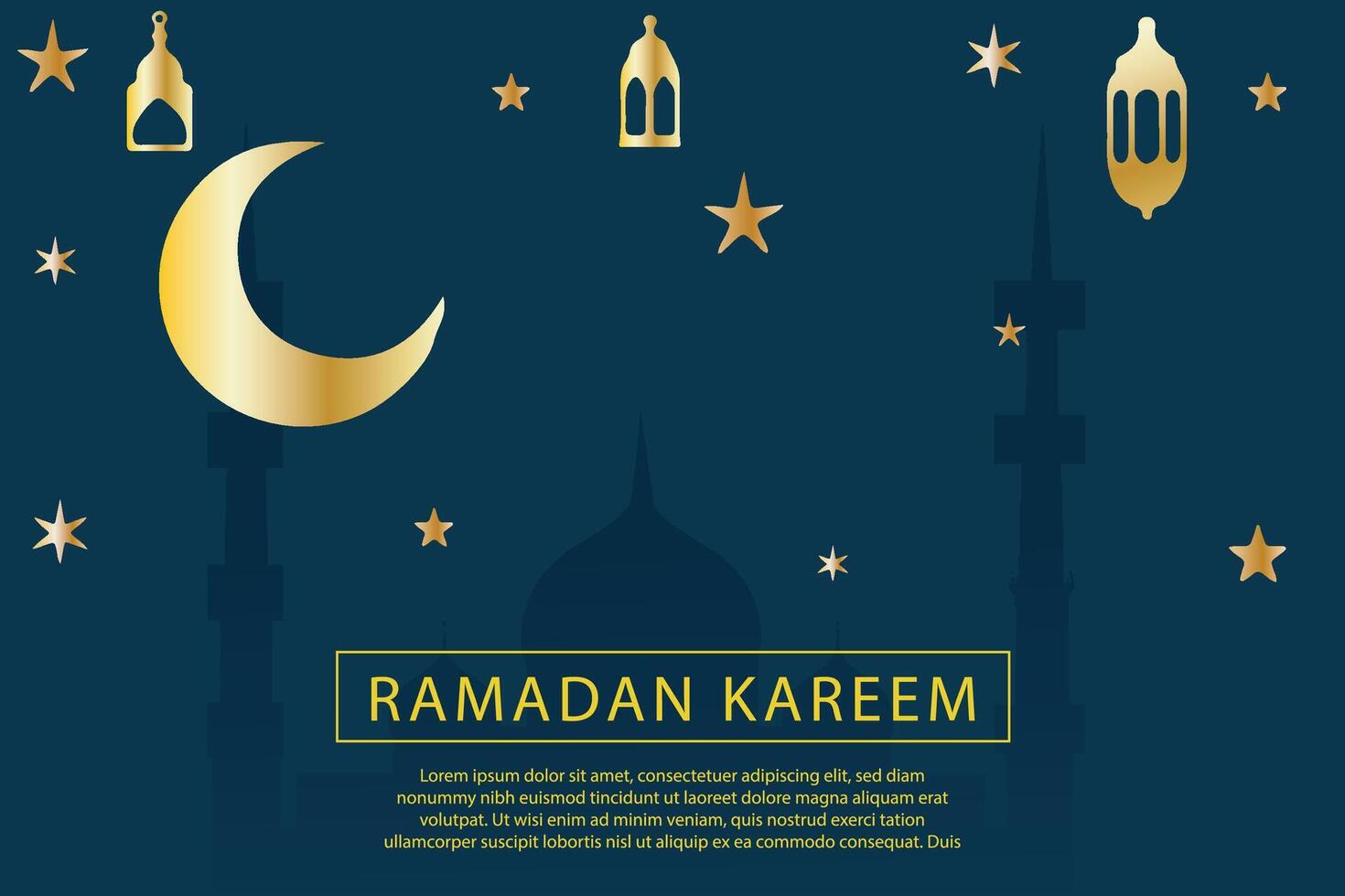 Background for Ramadan greeting cards, social media, banners and templates. with golden crescent moon, mosque silhouette and arabesque decoration vector