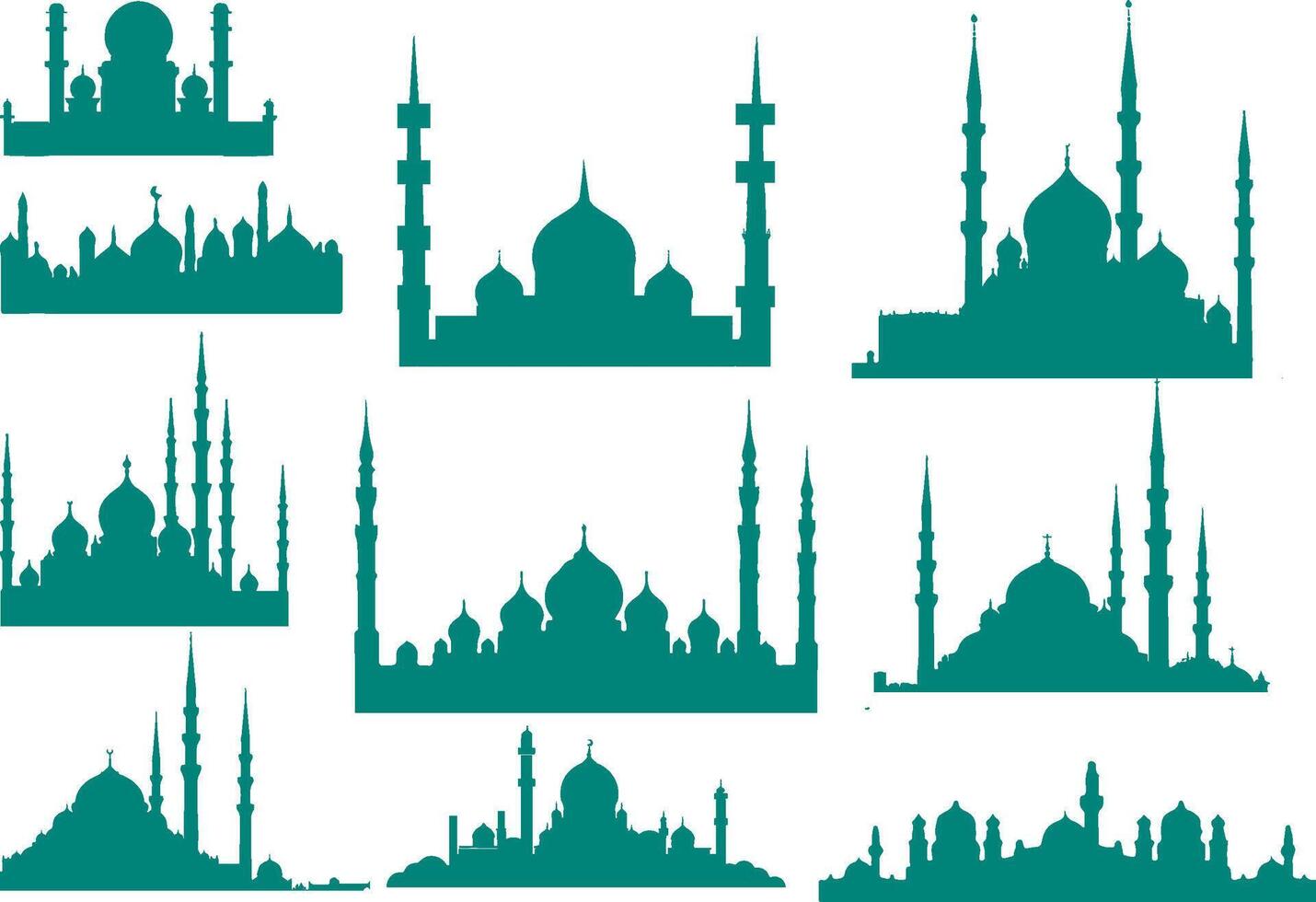 Set of silhouettes of mosques in different styles, with domes and arabesque interiors. for backgrounds, greeting cards, social media and Ramadan and Eid celebrations vector