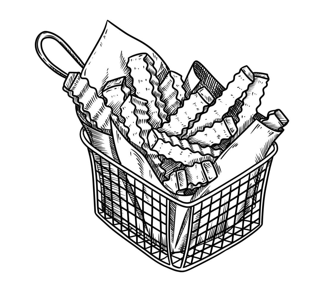 Fries in the basket food illustration in the graphic line art style. Hand drawn outline element of fast food meal. Perfect for menu creating and sketch drawing designs. vector