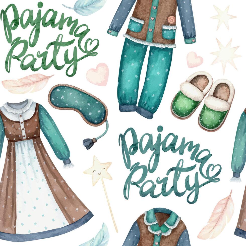 Pajama party lettering with sleepwear and slippers seamless pattern in cartoon style. Hand drawn watercolor illustration on a white background. Perfect for template and baby paper or fabric design. vector