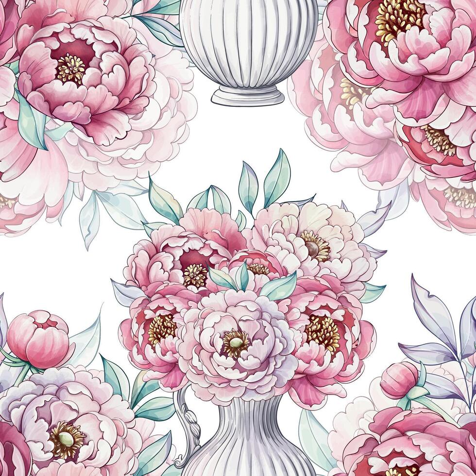Vibrant peonies in soft pink shades cluster in a graceful vase, surrounded by verdant leaves, evoking a serene floral harmony. vector