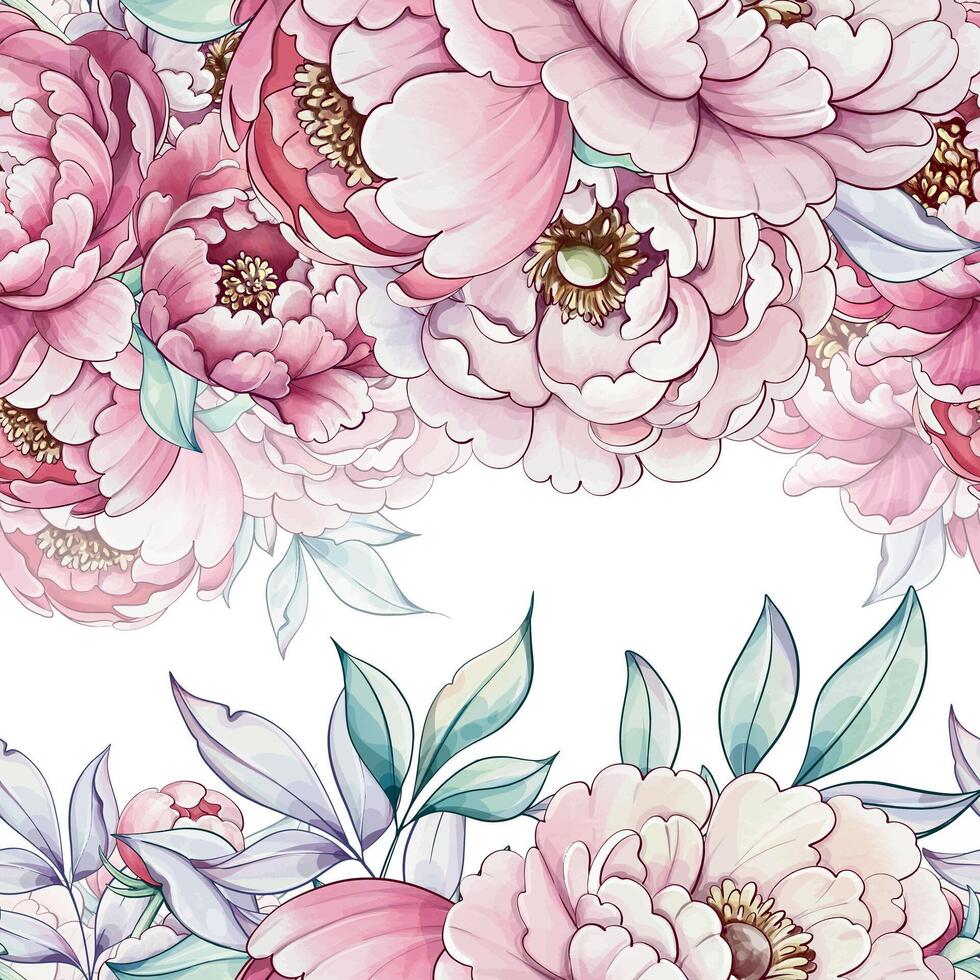 Soft hues of pink and white fill the canvas as peonies flourish abundantly, their graceful petals intertwining with gentle foliage. vector