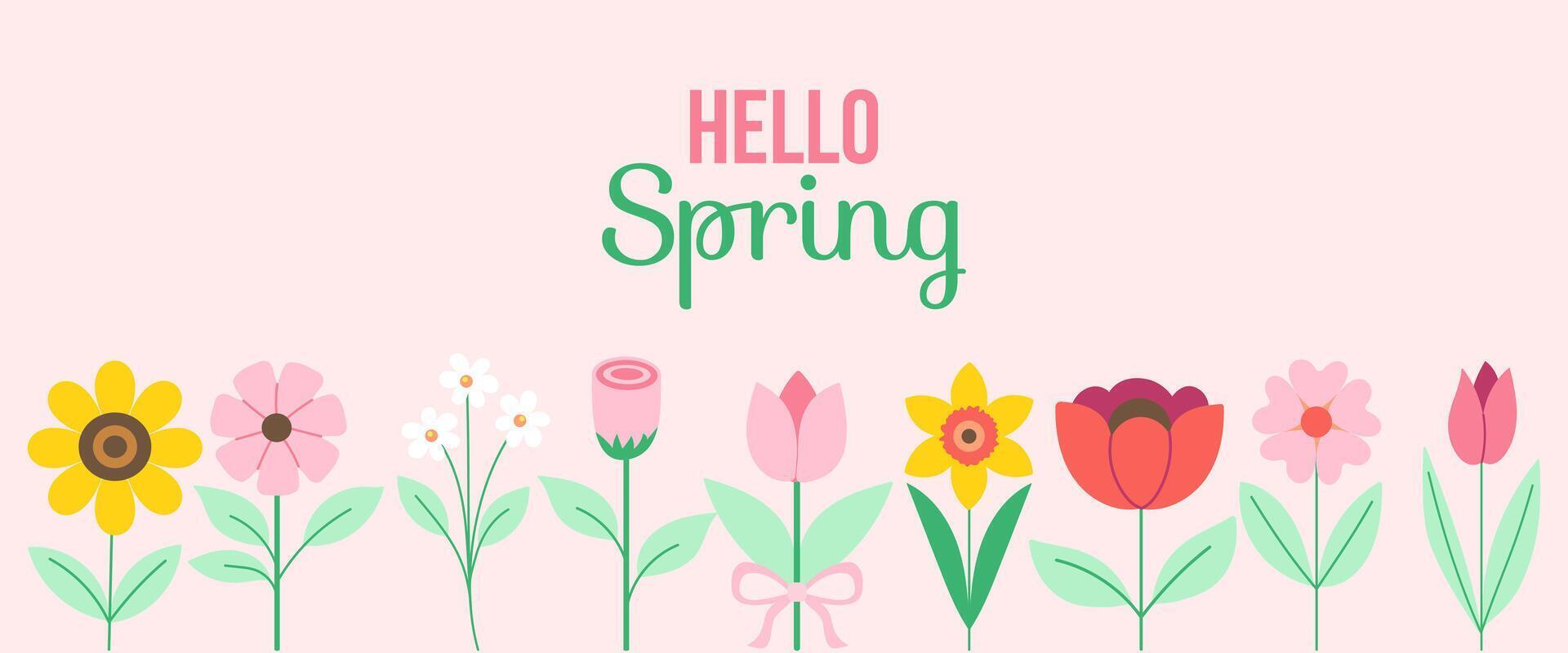 A colorful floral design with the words Hello Spring written in cursive. The flowers are arranged in a row, with some of them overlapping each other. Scene is cheerful and vibrant vector