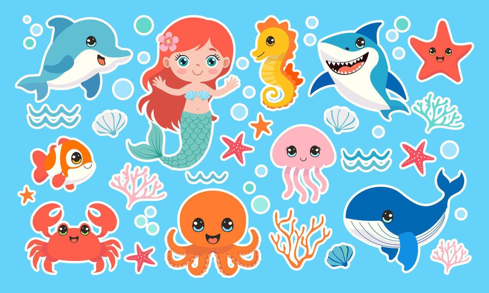 A collection of sea creatures including a mermaid, octopus, and shark. The mermaid is smiling and waving, while the shark has its mouth wide open. The scene is bright and colorful vector