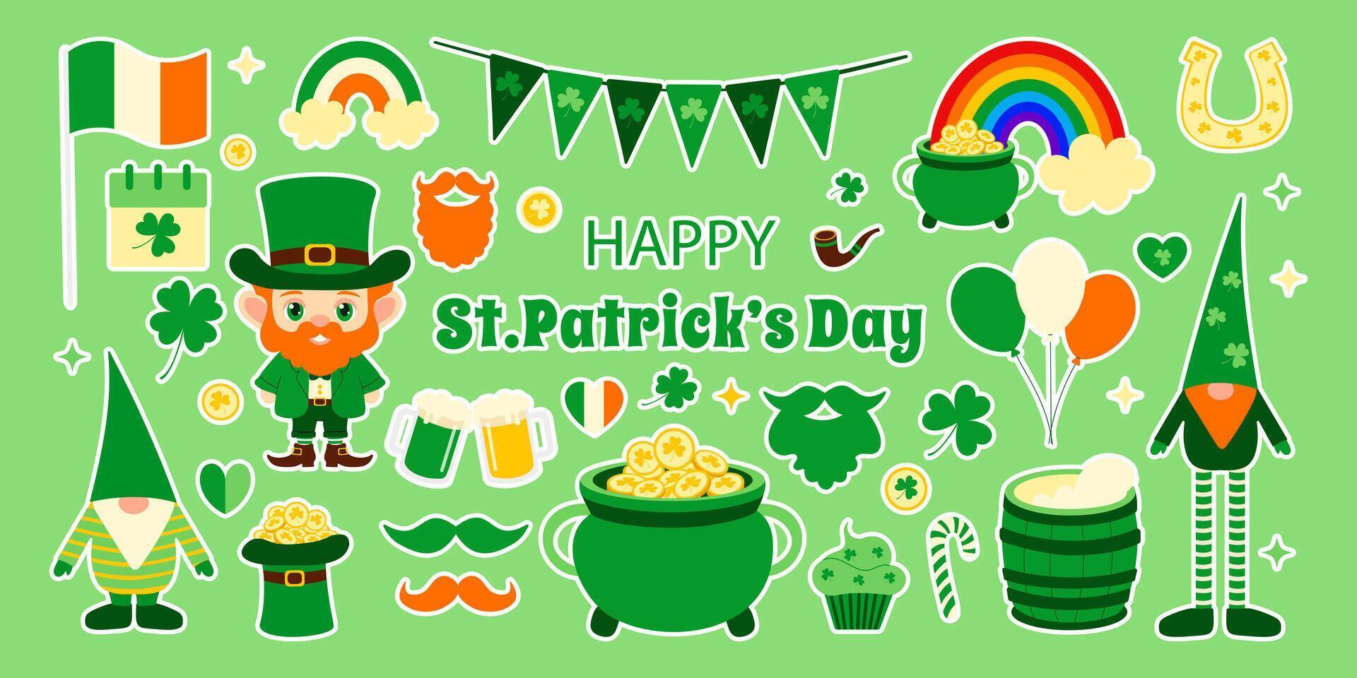 A green background with a variety of Irish symbols and a happy St. Patrick's Day message. The symbols include a green shamrock, a rainbow, a pot of gold, a man with a beard and mustache vector
