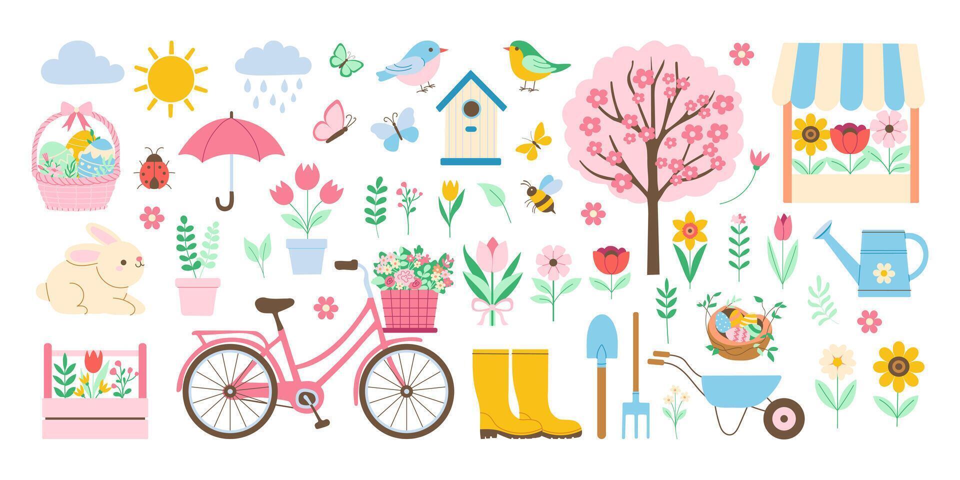 A colorful spring image of a garden with a bicycle, a birdhouse, a bird, a tree vector