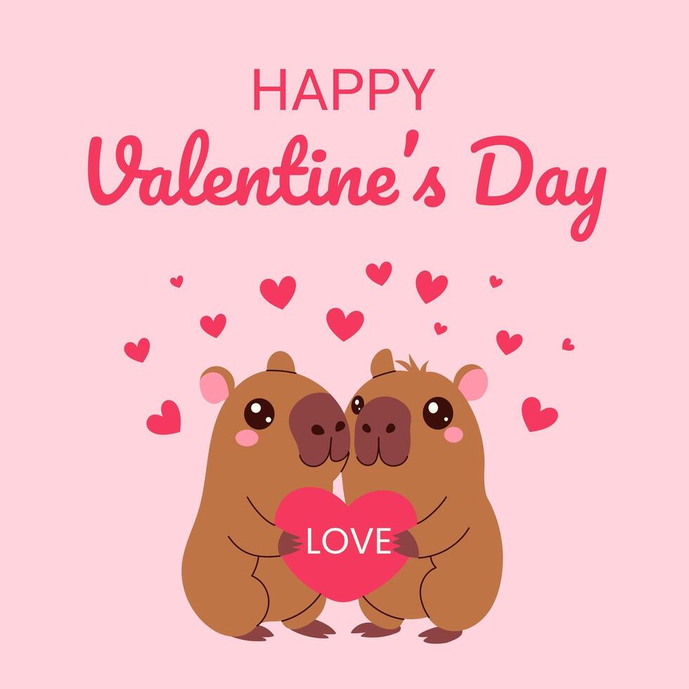A cute cartoon of two capybaras holding a heart. The image is titled Happy Valentine's Day vector