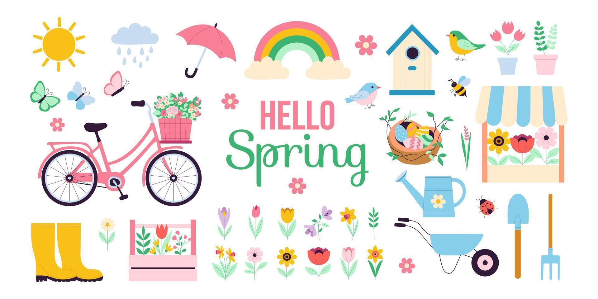 A colorful poster with a bicycle, umbrella, and other items that says Hello Spring. The poster is full of bright colors and has a cheerful, happy vibe vector