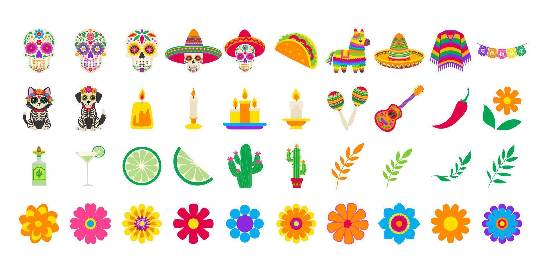 A collection of colorful and festive icons, including skulls, candles, cacti, and flowers vector