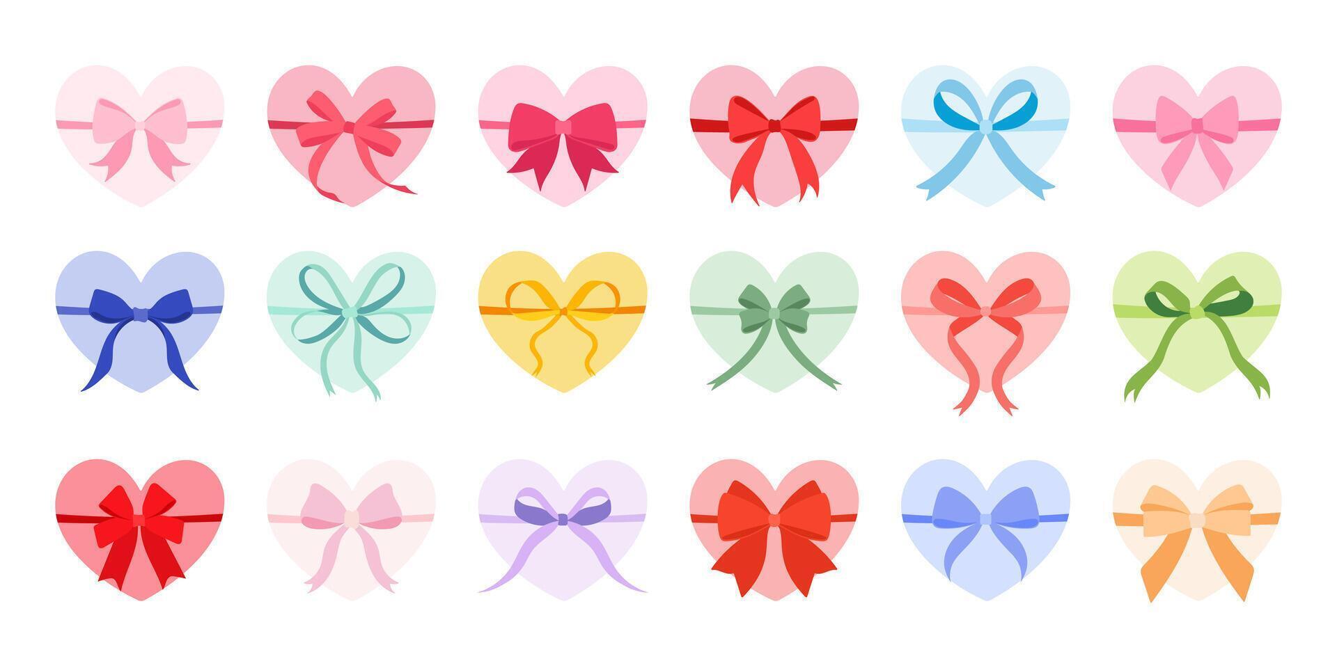 A collection of hearts with different colored bows. The bows are of various colors and sizes, and they are arranged in a row. Concept of joy and celebration, as the hearts vector