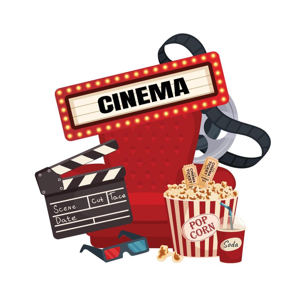 Cinema-Themed Illustration with Popcorn and Clapperboard vector