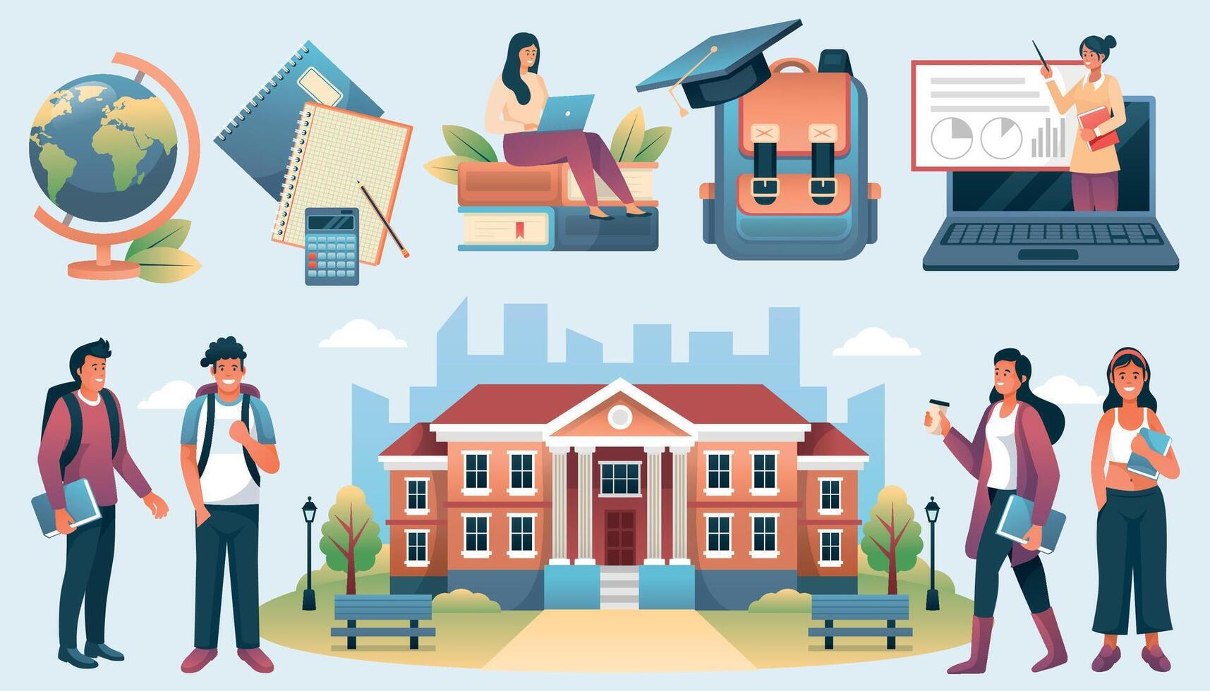 University hand drawn cartoon set vector