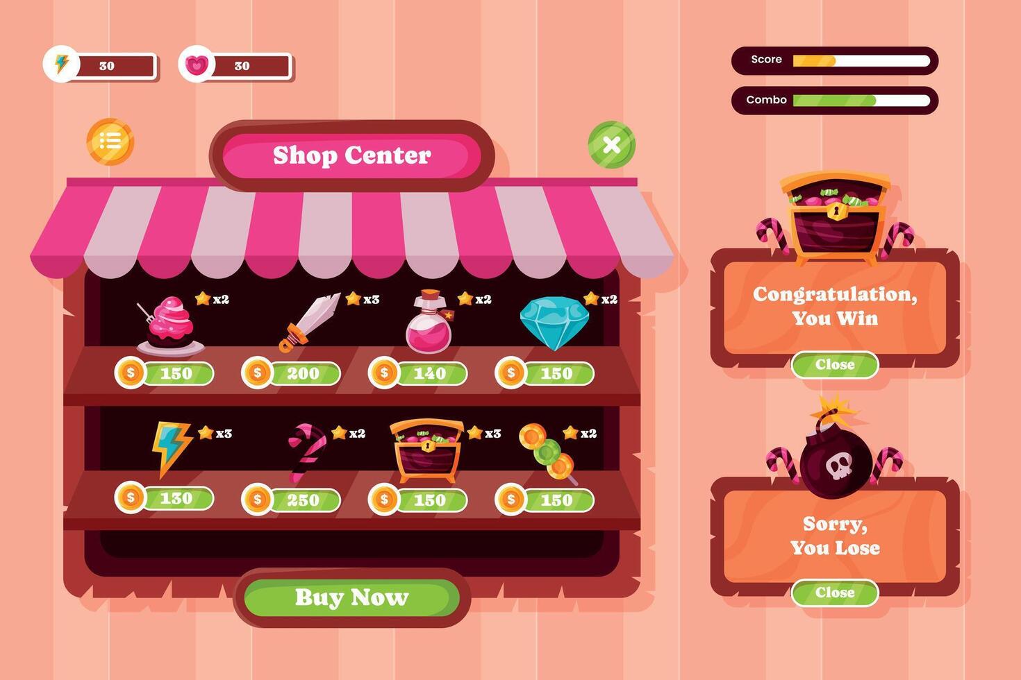 Colorful Game Shop Interface with Win and Lose Messages vector