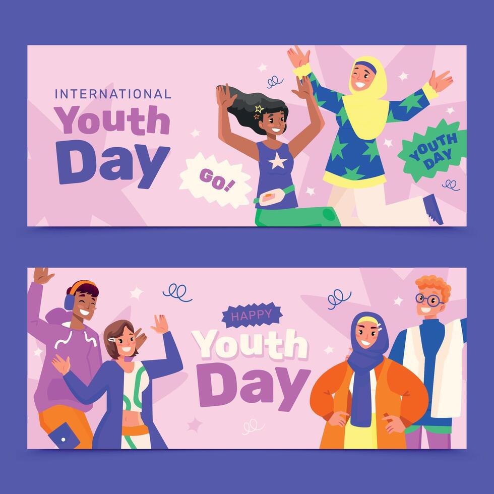 Hand drawn flat international youth day horizontal banner template set vector