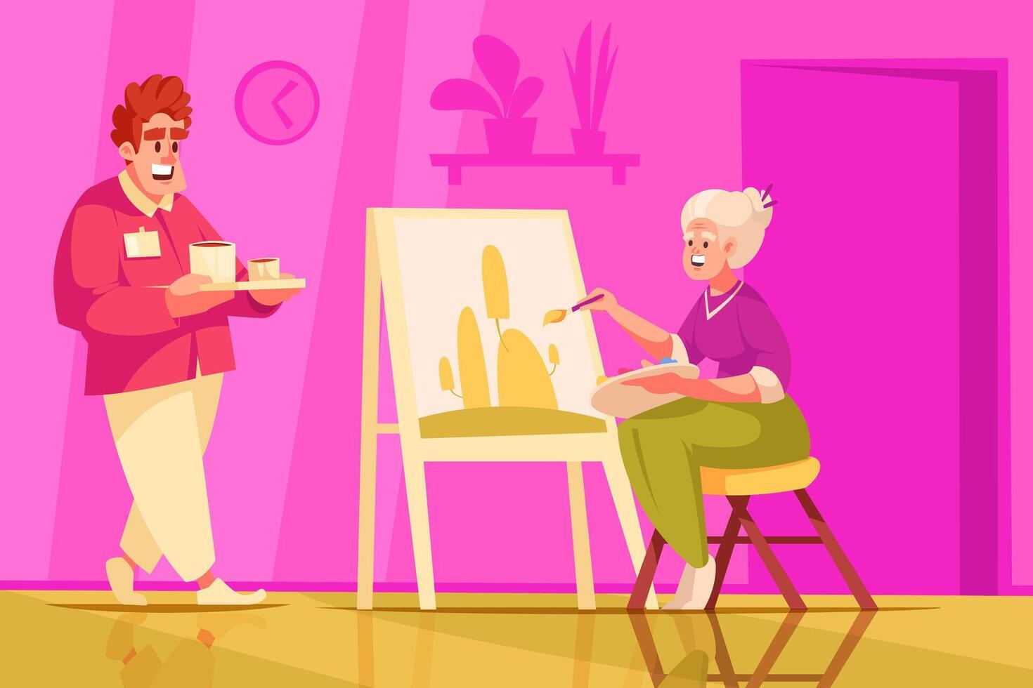 Elderly Woman Painting with Refreshments vector