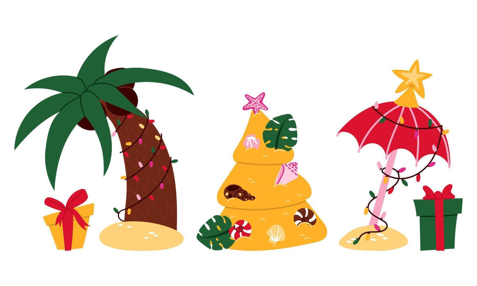 set of palm trees, Christmas tree, an umbrella. A tree with coconuts and a garland. Christmas tree made of beach sand. An umbrella with gifts and a star. On a white. Merry Christmas in the tropics vector
