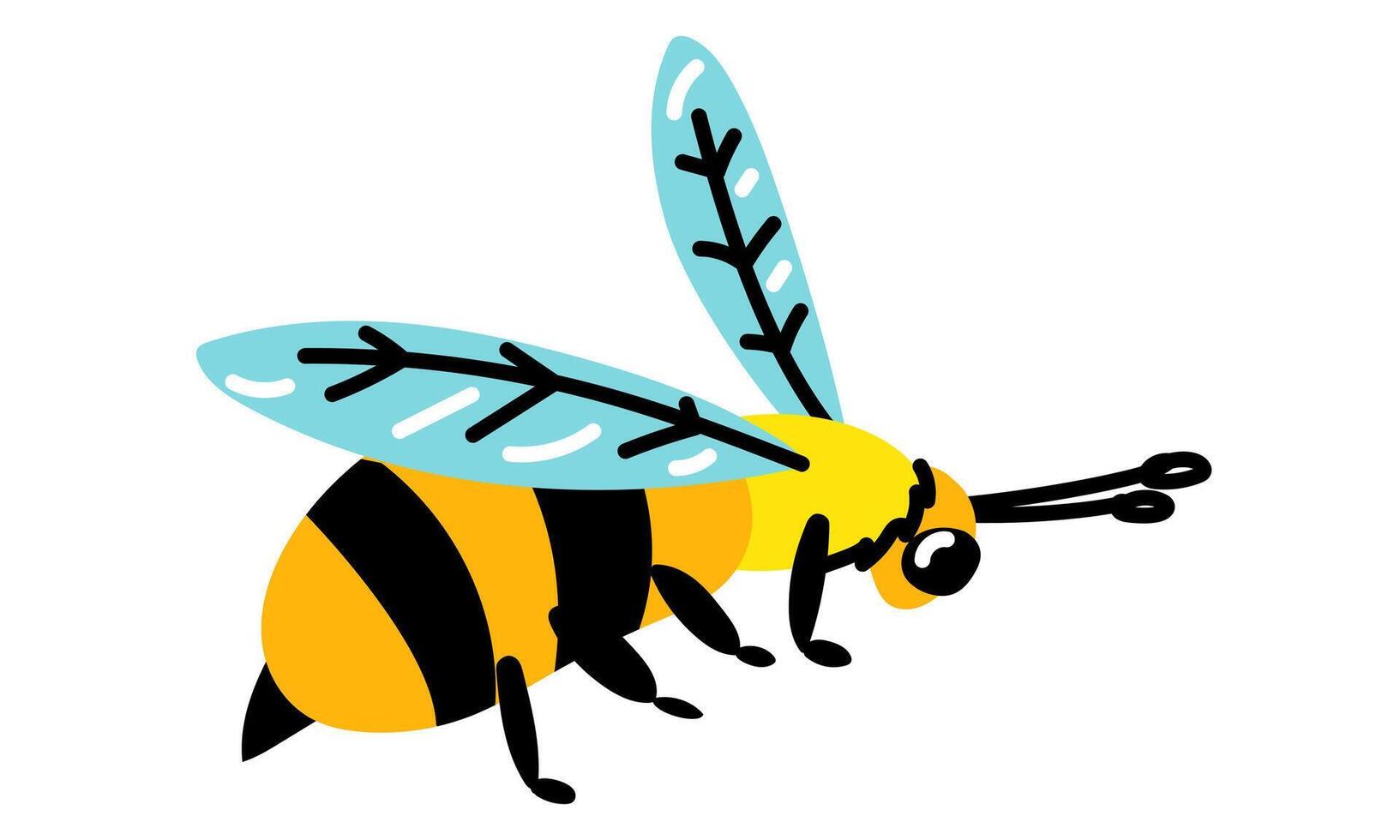 A big bee is crawling. A flat-style illustration showing an elongated bee. Funny bee crawls to collect pollen. Insect. For posters, greeting cards and children's design. An isolated colored animal vector