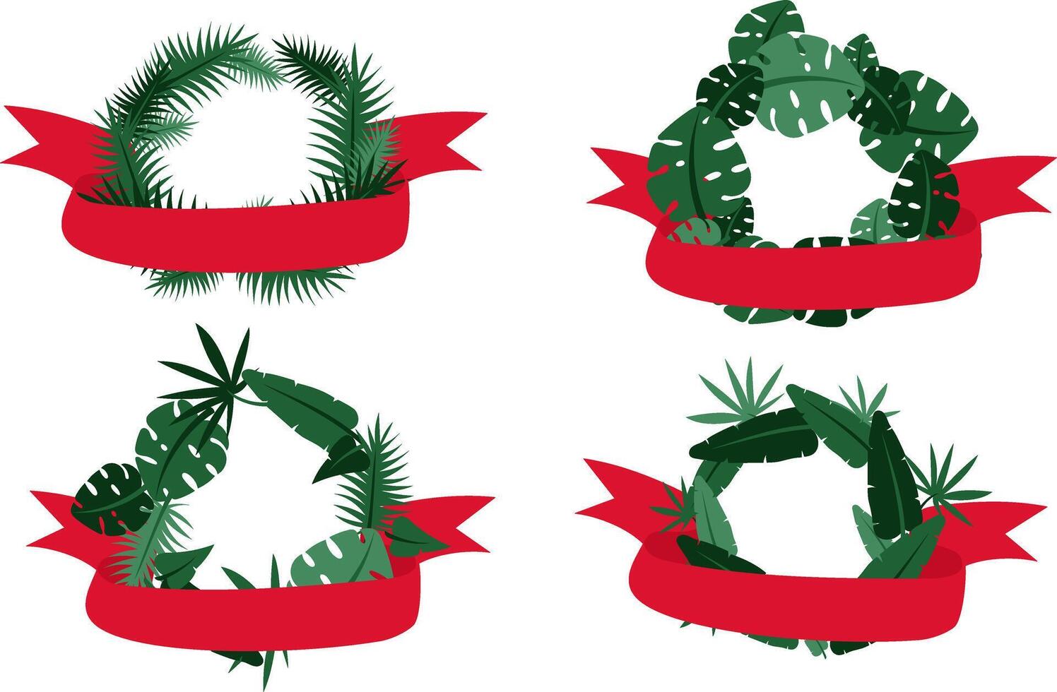 set of wreaths made of tropical palm leaves for party invitations, posters. Flat exotic frame with ribbon. Collection of tropical motifs for inscriptions. Holidays, wedding, birthday in the tropics vector