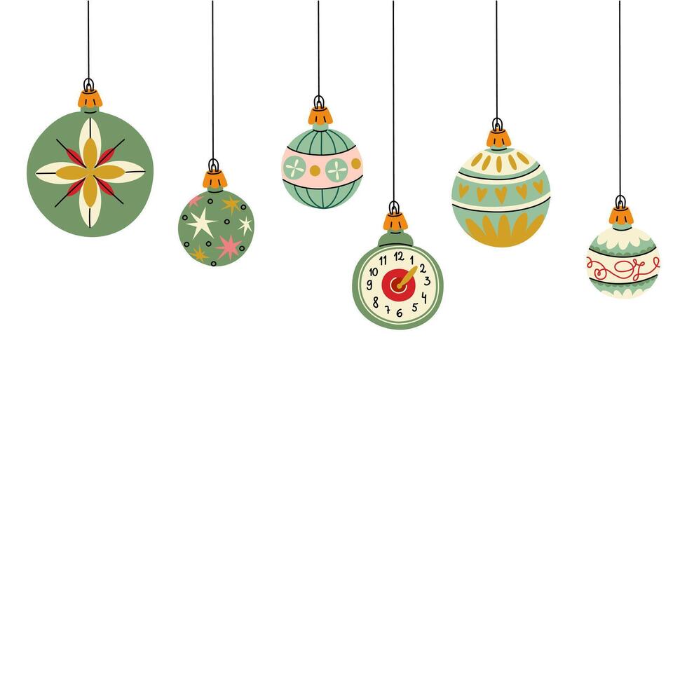 banner Christmas balls. Soviet toys. A banner for decorating a Christmas tree, Christmas balls on a white background. Simple forms with painting. holiday decoration template. square vector