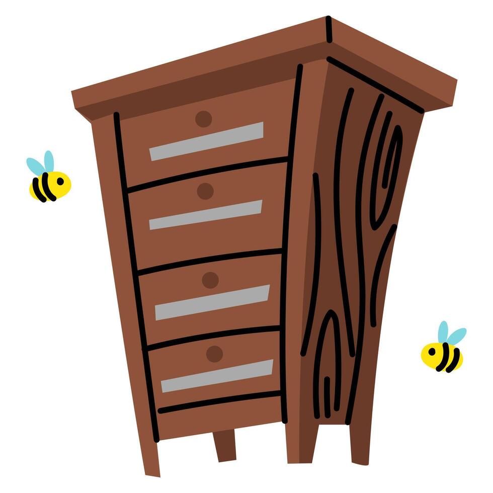 Wooden Beehive in an apiary box. apiary farm highlighted on a white. Home-made honey production. One wooden house for bees. Insects fly near the house. drawer with shelves and frames for storing honey vector