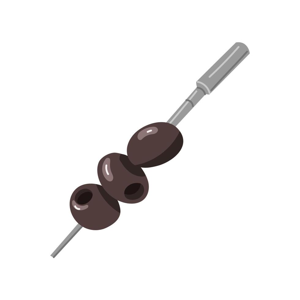 A skewer with pitted olives. A sharp stick with berries strung on it. The berries are shaped like snacks. Three olives on a white background. Hand-drawn flat illustration on a white background vector