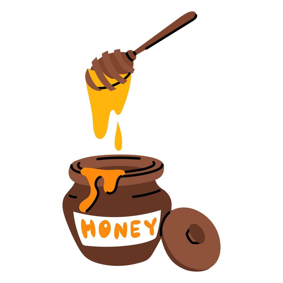 honey Wooden Spoon with a clay container. spoon with flowing honey drips into an open pottery bowl with a signature. isolated illustration for food. Taste of honey, ingredient for additives in dishes vector