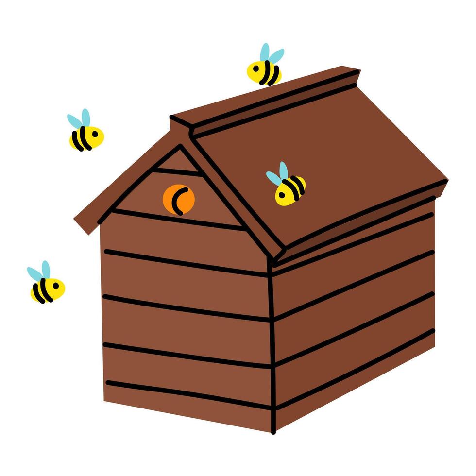 Wooden beehive in an apiary box. house with roof, highlighted on white. Home-made honey production. One wooden house for bees. Insects fly near house. drawer with shelves and frames for storing honey vector