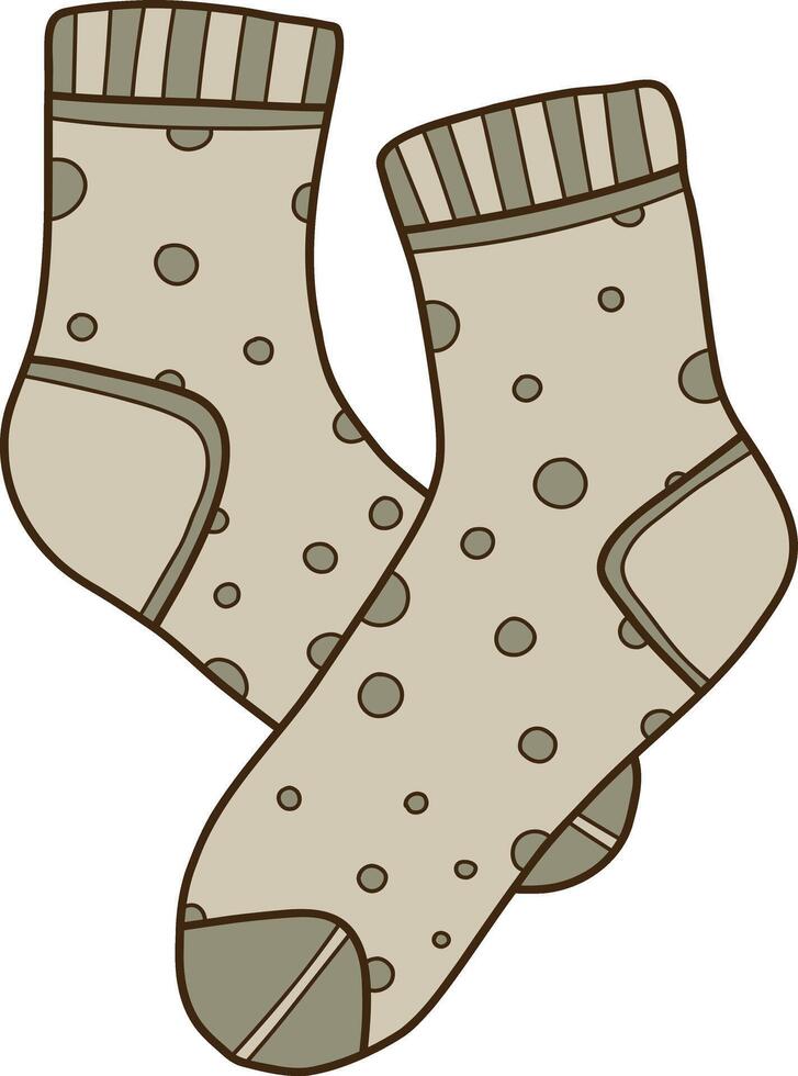 Hand drawn color illustration of warm socks with patterns, gray socks. Knitted wool clothes. vector