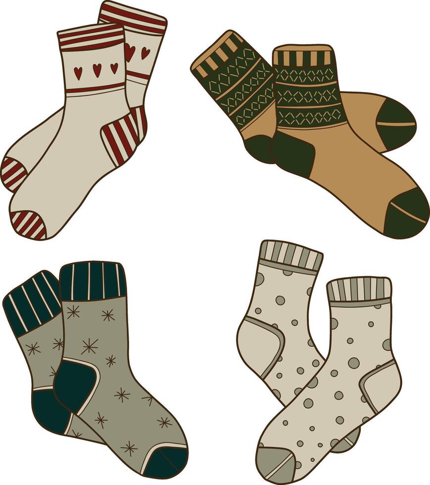A set of hand-drawn color illustrations of warm socks with patterns. Knitted wool clothes. Outlines of clothing items. vector