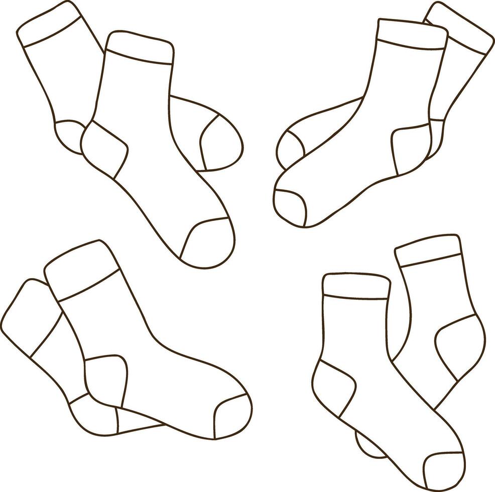 Set of hand drawn illustrations of warm socks. Knitted wool clothes. Outlines of clothing items. vector