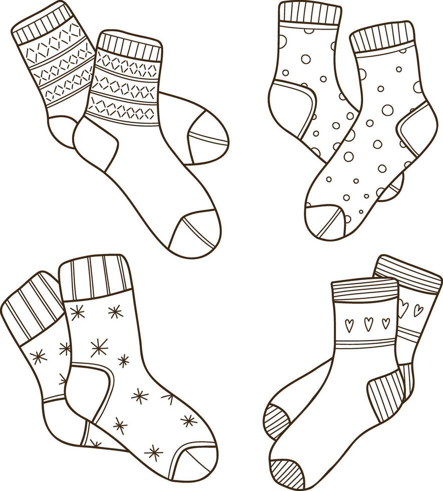 A set of hand-drawn illustrations of warm socks with patterns. Knitted wool clothes. Outlines of clothing items. vector