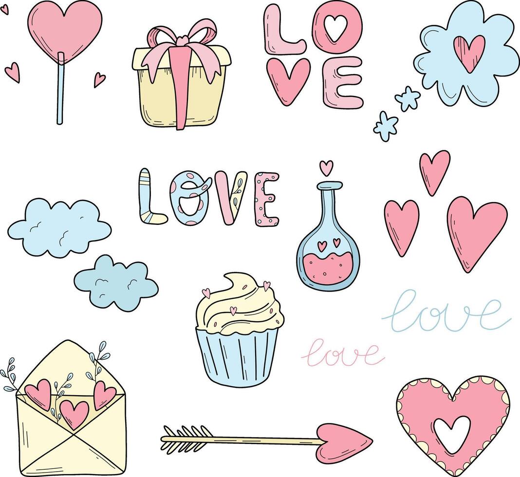 A large set of illustrations about love, color stickers. Hearts, inscription Love, gift, lollipop, declaration of love vector