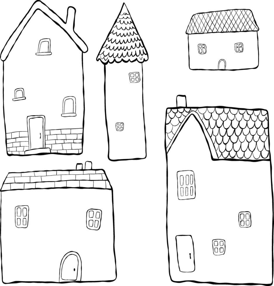 Sketches of houses, imitation pens, drawn by hand. Cute houses with tiled roofs. Linear illustration vector