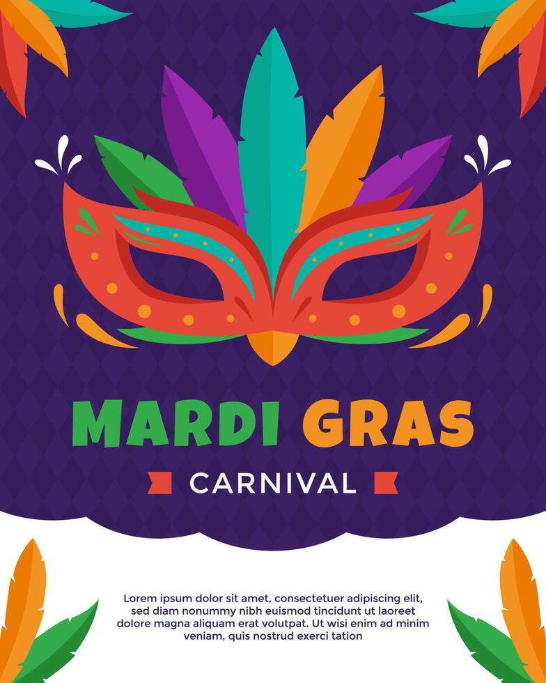 Mardi Gras carnival poster template with colorful mask and feather vector
