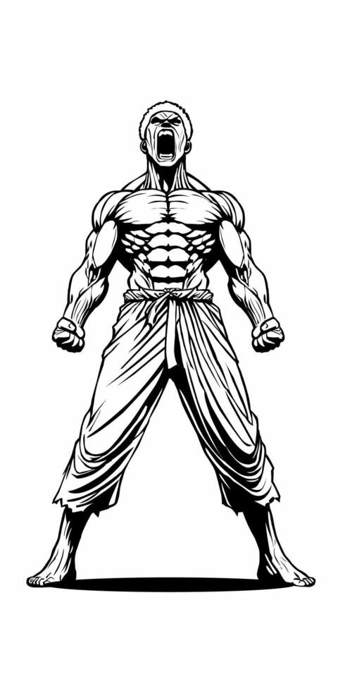 A muscular fighter with a fierce expression, flexing his ripped upper body, clenched fists, and wearing a traditional warrior outfit vector