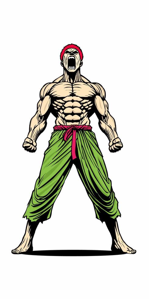 A muscular warrior with a red headband and green pants screaming in a battle stance. His clenched fists and defined muscles emphasize strength vector