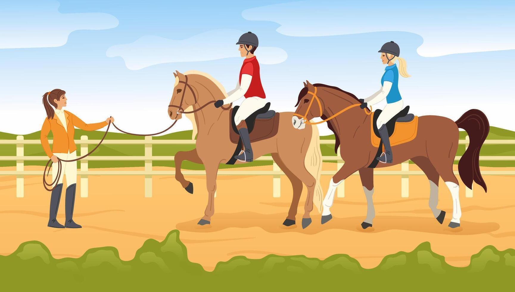 Horse riding lessons. Equestrian sport, jockey training and couple horse ride with riding instructor. Horseback rider school cartoon illustration vector
