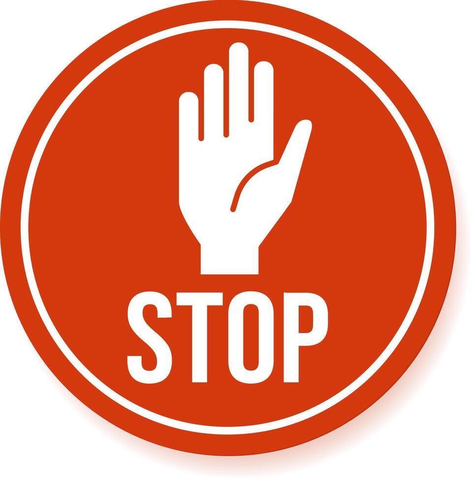 Round red stop sign with white hand and text signaling to stop immediately, warning about a potential danger or restricted area, providing clear visual communication for safety and regulation vector