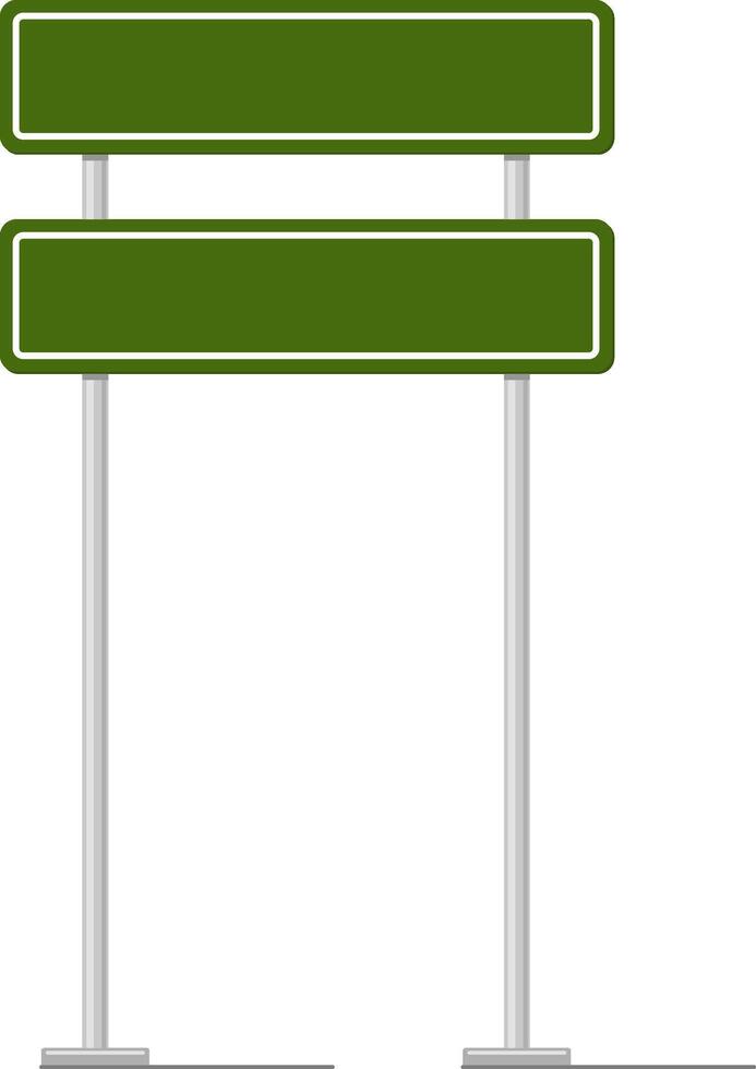 Two blank green road signs featuring white frames, positioned on sturdy metal poles, await the opportunity to convey essential information to drivers and pedestrians vector