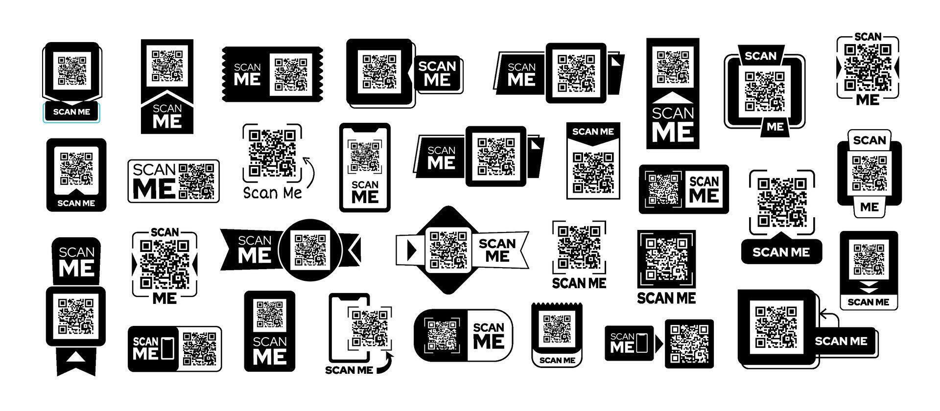 Scan me sticker frames. QR code labels, banners and badges templates for marketing and promotional materials. Scannable code tags isolated set vector